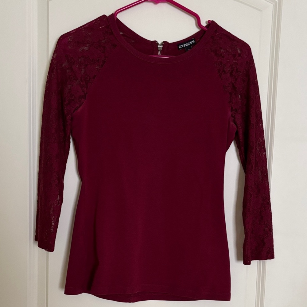 Express Women's Lace Sleeve Top in Burgundy